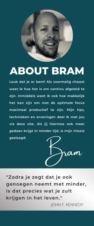 Leuk dat je er bent! Als voormalig chaoot weet ik hoe het is om continu afgeleid te zijn. Inmiddels weet ik ook hoe makkelijk het kan zijn om met de optimale focus maximaal productief te zijn. Mijn tips, technieken en ervaringen deel ik met jou via deze site. Als jij hiermee ook meer gedaan krijgt in minder tijd, is mijn missie geslaagd.